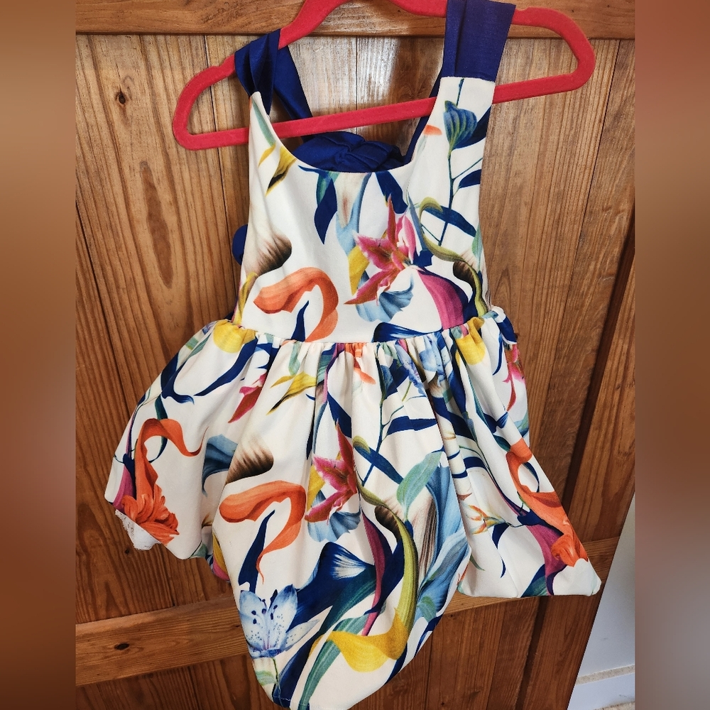 Tropical Floral Kids Dress - Cream and Blue